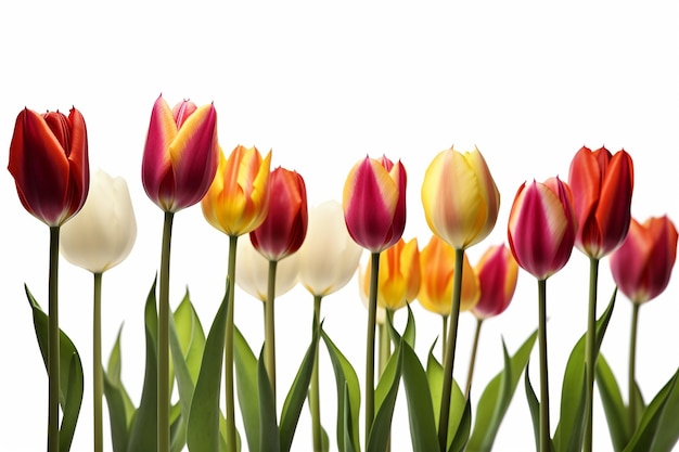 A row of tulips with yellow and red stripes.