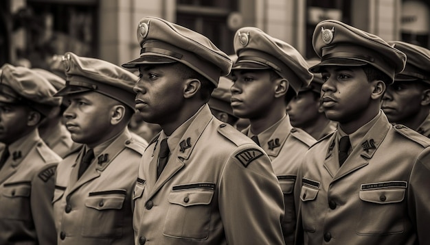 A row of uniformed men march in honor guard parade generative AI