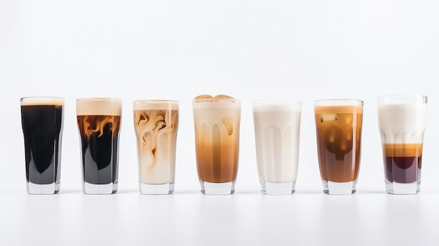 A row of various coffee drinks on a white background Generative AI