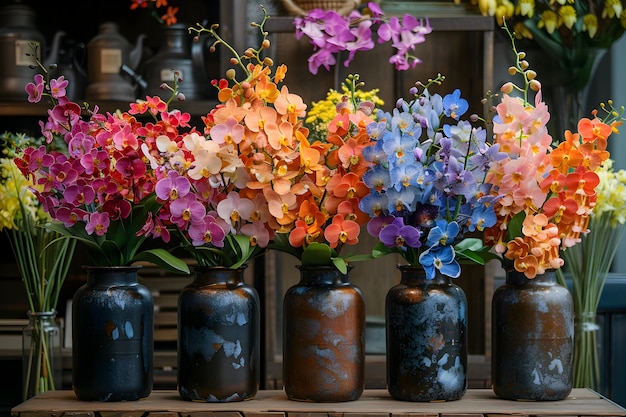 a row of vases with flowers in them are lined up on a table