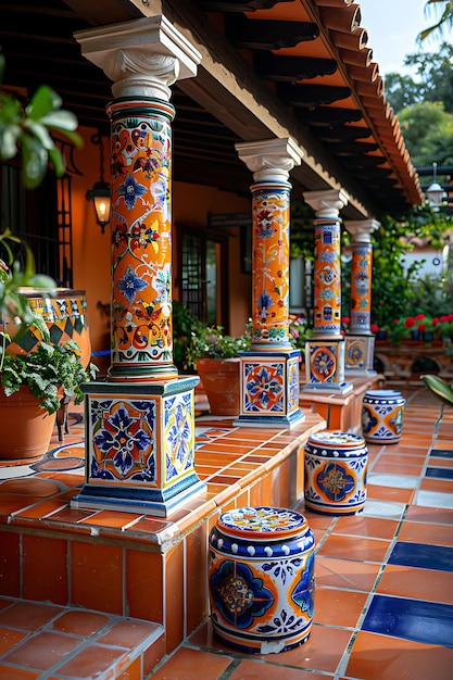 a row of vases with flowers on them are on a patio