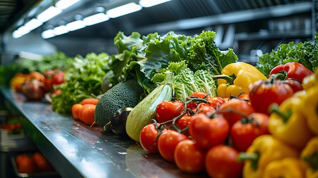 Row of Vegetables on Metal Counter Generative AI