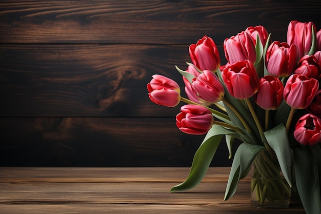 A row of vibrant red tulips on a wooden surface roomy setting