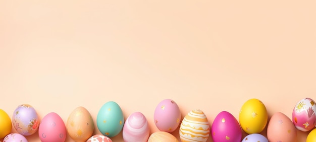 A row of vibrantly colored Easter eggs on a soft peach background with space for text Suitable for Easter holiday promotions and spring event announcements Banner