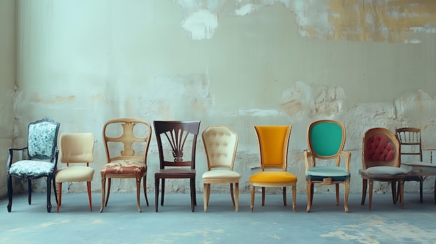 Row of Vintage Chairs Against a Cracked Wall