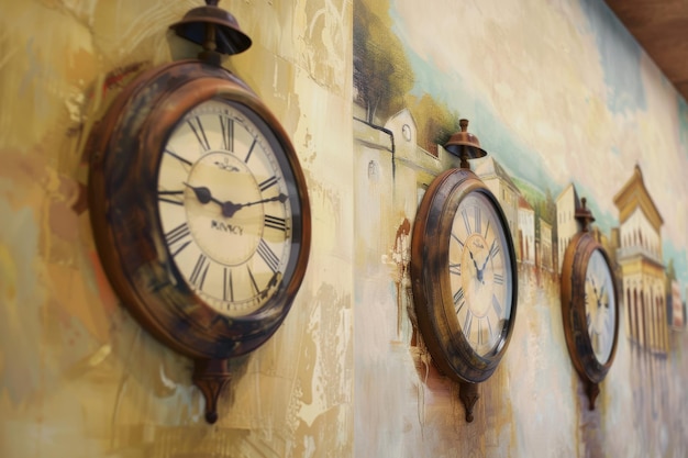 Photo a row of vintage wall clocks displaying roman numerals adorns a rustic backdrop with painted village scenery evoking nostalgia and timeless elegance