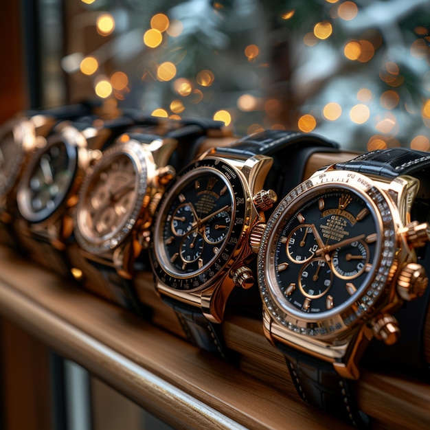 a row of watches are lined up on a shelf