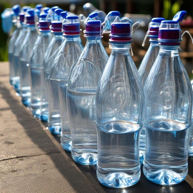 a row of water bottles lined up with one that says  water