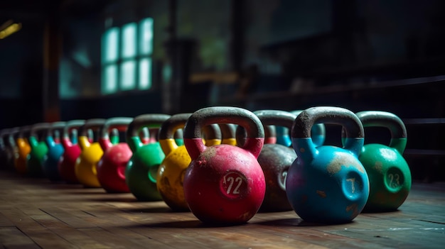 Row of weights sitting on top of wooden table next to each other Generative AI