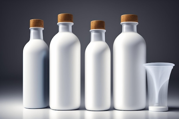 A row of white bottles with a wooden cap and a cup of coffee on a table.