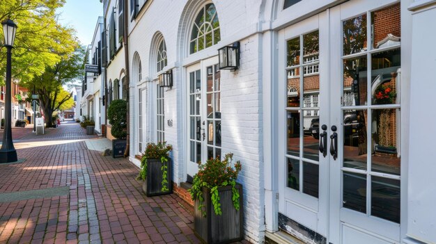 Row of white buildings along a brick sidewalk Classic and timeless urban architecture