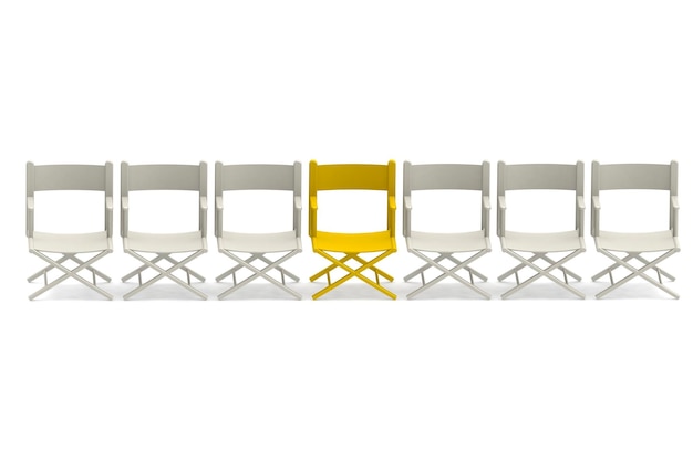 Photo row of white chairs with one yellow