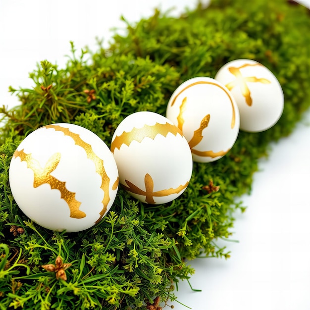 Row of white and gold painted Easter eggs on moss festive decoration