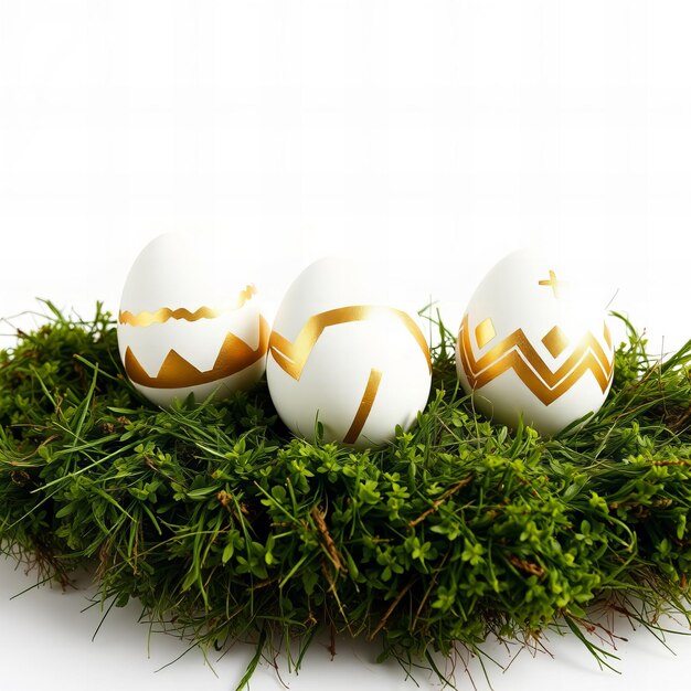 Row of white and gold painted Easter eggs on moss festive decoration