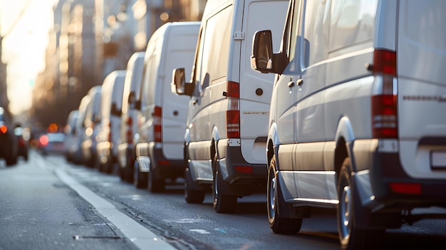 Photo a row of white and grey delivery vehicles lined up on the street ready for distribution representing