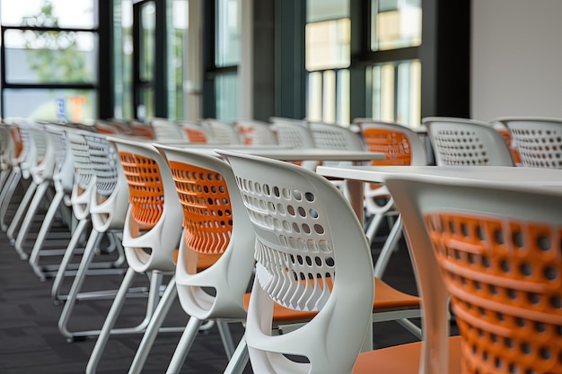 A row of white and orange chairs sitting next to each other