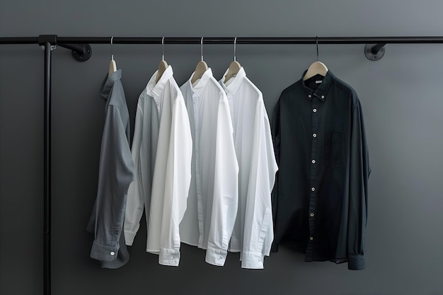 a row of white shirts hanging on a hanger with a black shirt on it