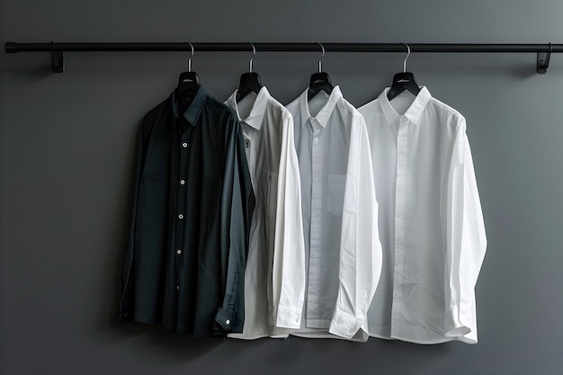 a row of white shirts hanging on a hanger with a black shirt on the left