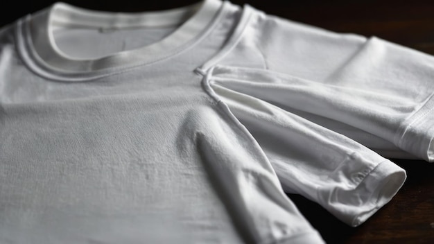 Photo row of white tshirts on hangers against gray background