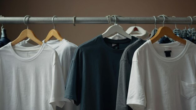 Photo row of white tshirts on hangers against gray background