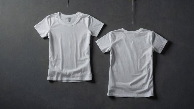 Photo row of white tshirts on hangers against gray background