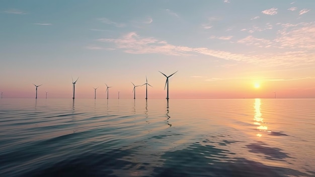 A row of wind turbines in the water at sunset