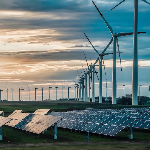 Photo a row of wind turbines with the sun setting behind them