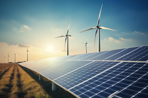 a row of wind turbines with the sun setting behind them