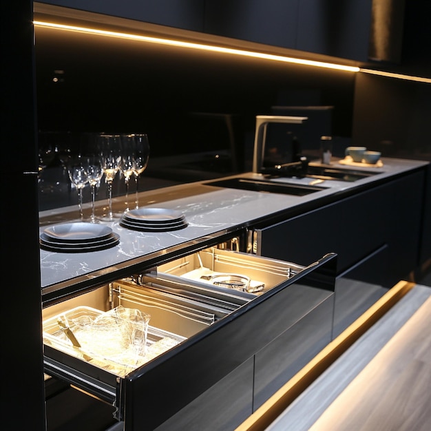 a row of wine glasses are on a counter in a dark room