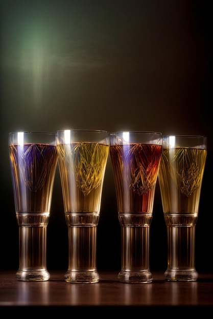 A Row Of Wine Glasses Sitting On Top Of A Wooden Table