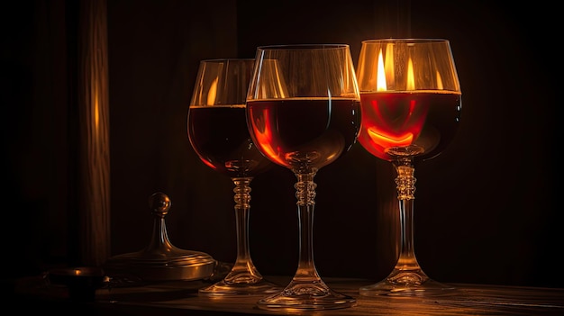 A row of wine glasses with a candle on the bottom.