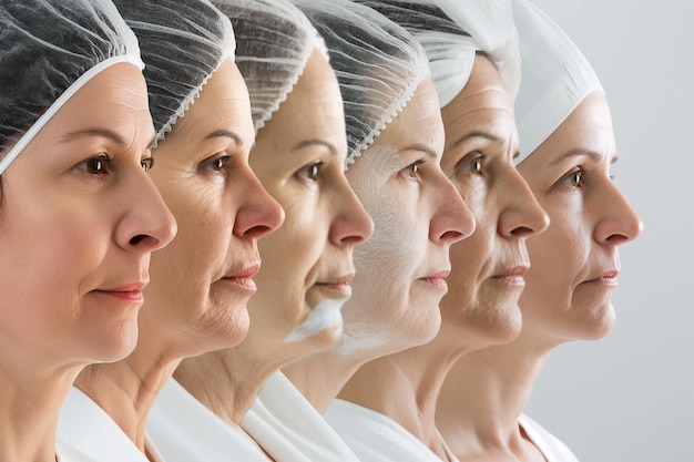 A row of women with different stages of aging on their faces