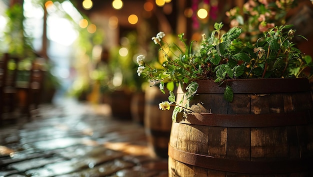 a row of wooden barrels with flowers in the background