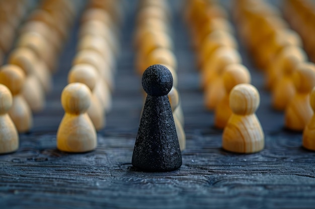 Photo a row of wooden chess pieces with one being a black ball