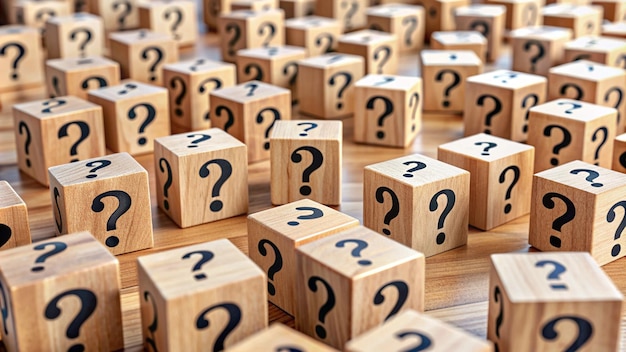 a row of wooden cubes with question marks on them