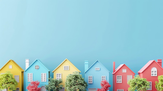 Row of wooden miniature colorful retro houses on blue background