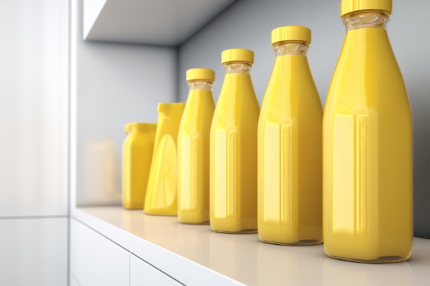 A row of yellow bottles of orange juice sit on a shelf mock up food