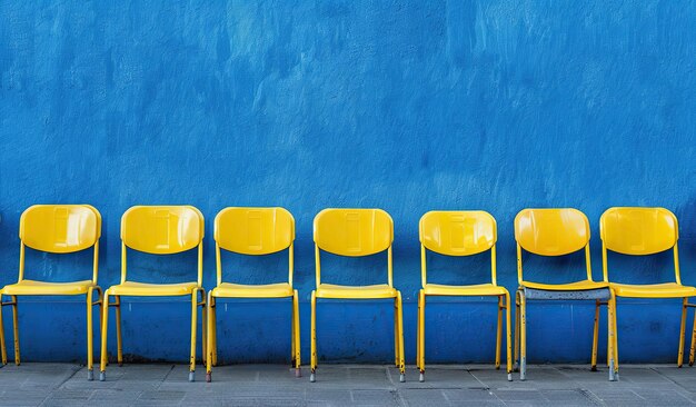 Row of yellow chairs against blue wall