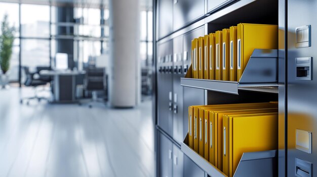 Row of yellow folders in open filing cabinet 3D Rendering