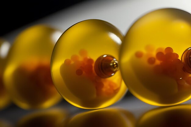 a row of yellow glass balls with orange and red dots