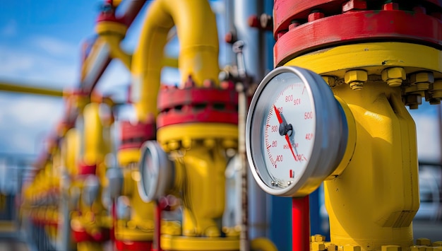 A row of yellow pipes with red gauges attached to them in a metallic setting