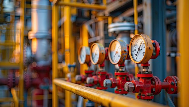 A row of yellow pipes with red gauges attached to them in a metallic setting