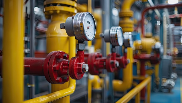 A row of yellow pipes with red gauges attached to them in a metallic setting