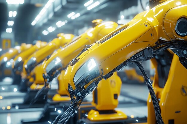 a row of yellow robots with one being made by the company