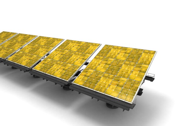 Row of yellow solar panels against a white background