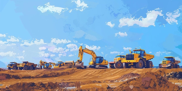 Row of yellow trucks and machinery lined up on the construction site with blue sky in painting style