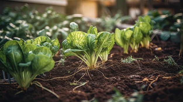 A row of young cabbage plants in a garden