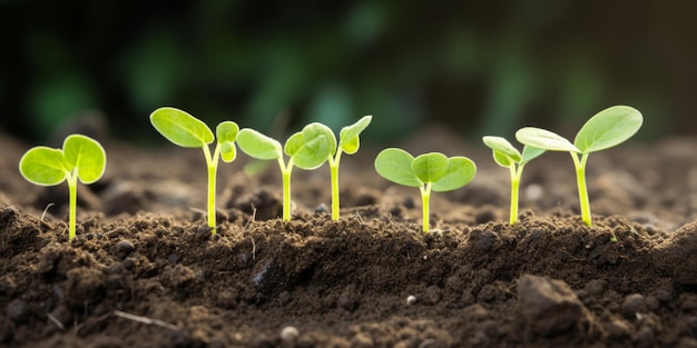 A row of young plants with green leaves sprouting from the ground.