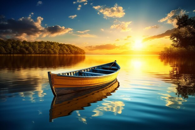 Rowboat drifting on a tranquil lake at sunset