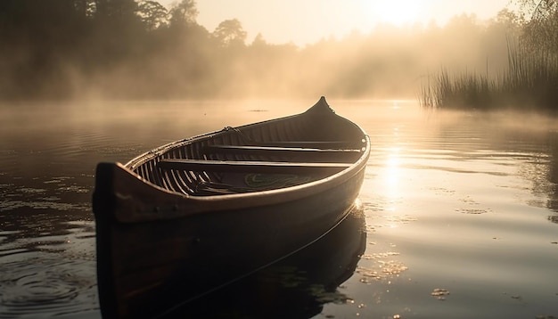 Rowboat glides on tranquil water at sunset generated by AI